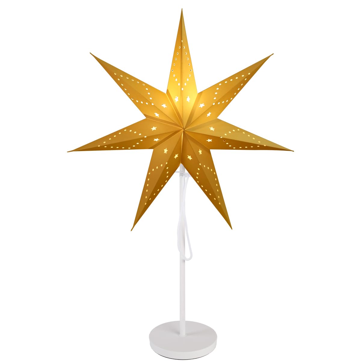 SALCAR Gwiazda bożonarodzeniowa i adwentowa LED, podświetlana na okno, 55 cm, papierowa, z żarówką E14, świecąca gwiazda 3D, stojąca, z podstawą z żelaza, biała