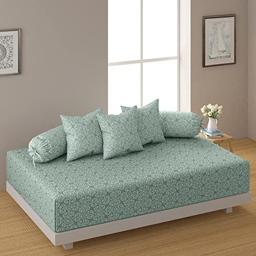 Image of Swayam 210TC Diwan Set Pure Cotton 6 Pcs | Deewan Ethnic Motif Printed Bedsheet Set for Living Room Hall (1-Bed Sheet 60x90 Inch | 2-Bolster Cover 30x30 Inch | 3 Cushion Cover 16x16 Inch) - Green