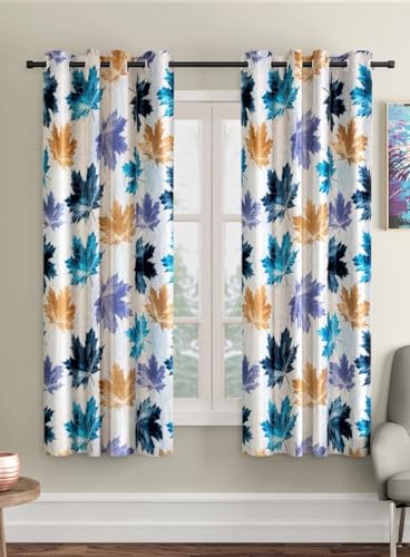 Image of HUTI 5 Feet Blue Window Curtain Set of 2 | Semi Transparent Leaf Print | Light Filtering Polyester | Eyelet Curtains for Living Room & Bedroom 4x5 ft (120 x 150 cm) | Perfect for Home Decor