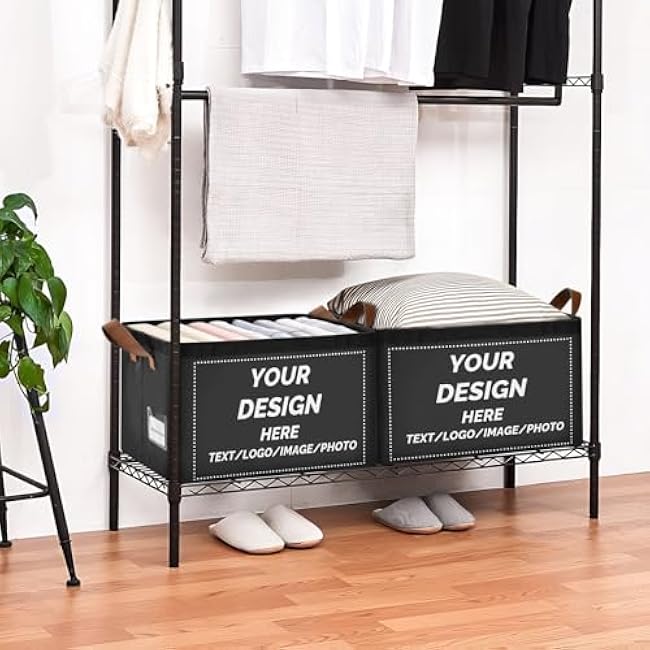 Custom Storage Bins Your Own Design Custom Foldable Containers Metal Frames Fabric Storage Baskets 2 Handles Print On Demand(1pack,black)