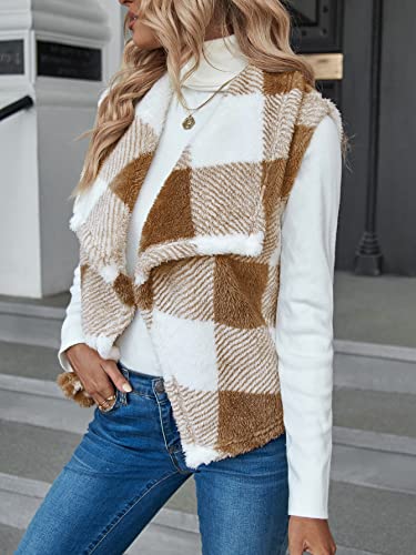 Soly Hux Women's Buffalo Plaid Lapel Open Front Vest Fluffy Fuzzy Sleeveless Cardigan Coat Camel White Multi S #TOP2