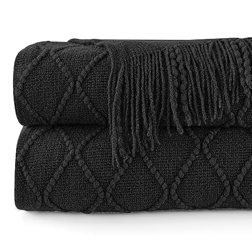 inhand Knitted Throw Blankets for Couch and Bed, Soft Cozy Knit Blanket with Tassel, Black Lightweight Decorative Blankets and Throws, Farmhouse Warm Woven Blanket for Men and Women, 50"x60"