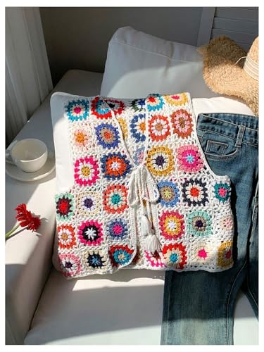 GORGLITTER Women's Boho Crochet Tie Front Sweater Vest Hollow Out Sleeveless Floral V Neck Knit Tops3