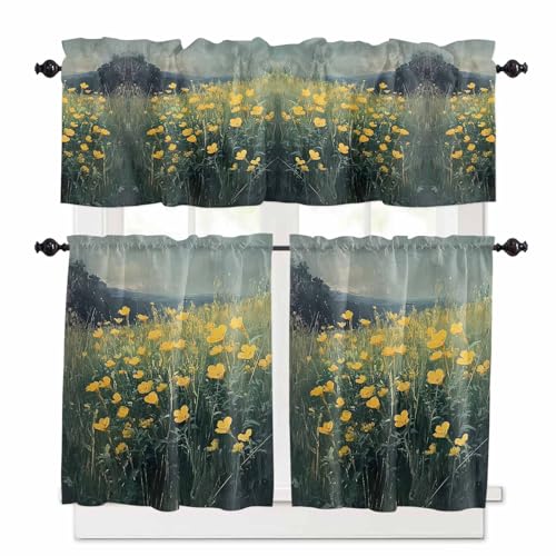 Yellow Spring Floral Kitchen Curtains 36 Inch Length,3 Piece Rod Pocket Small Half Tiers and Valance Set,Modern Oil Painting Green Botanical Small Large Window Treatment Decor for Bedroom/Bathroom