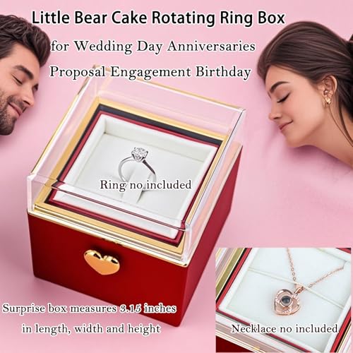 Image of Little Bear Cake Rotating JewelryBox for Proposal - Rotating Ring Box Engagement Ring Box, Surprise Box Ring Bearer Box, necklace box for Birthday,Necklace Holder with Fabric Interior (red)