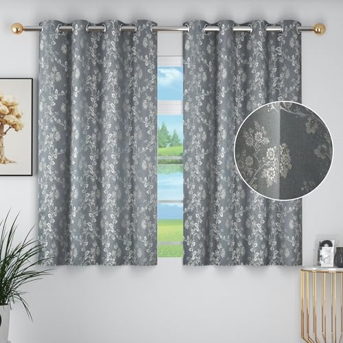 Image of FRESH FROM LOOM Heavy Jari Jacquard Premium Luxury Eyelet Curtain 6 Feet Windows | Floral Print | Light Blocking 80% Semi Blackout | Durable Double Stitch Parda (6ft, Grey, 2pc)