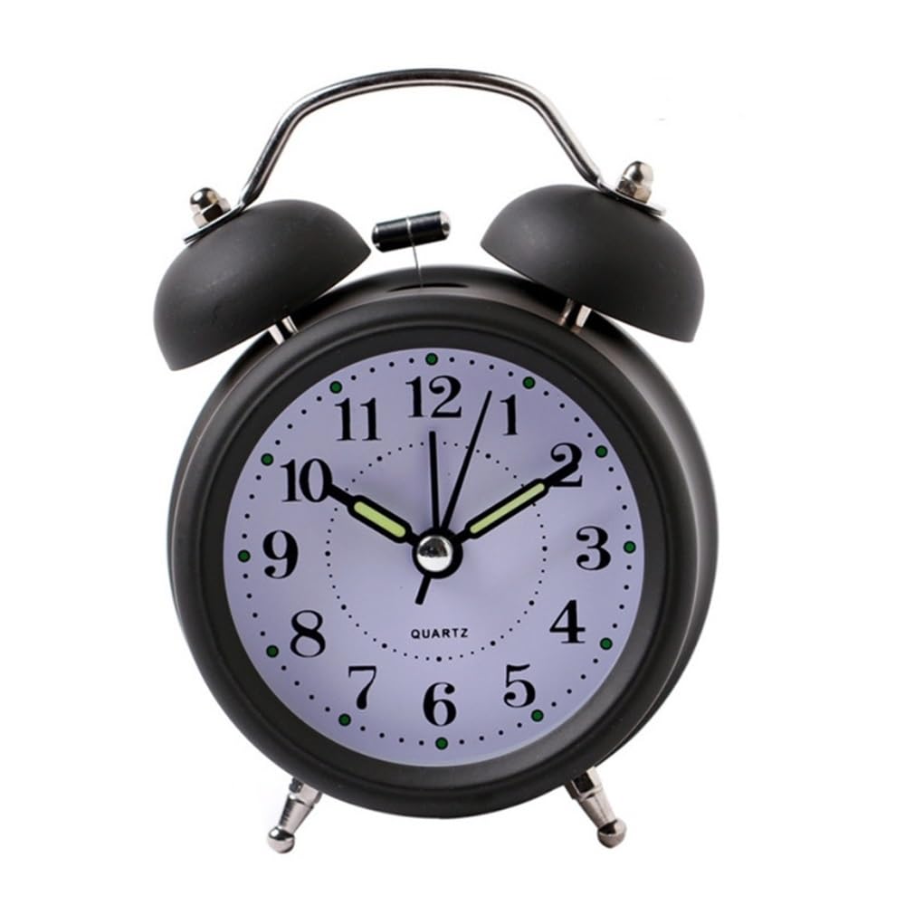 Budzik, Głośny budzik z podświetleniem dla osób o głębokim śnie, podwójny dzwonek, bardzo dekoracyjny zegar biurkowy w stylu retro(Black)