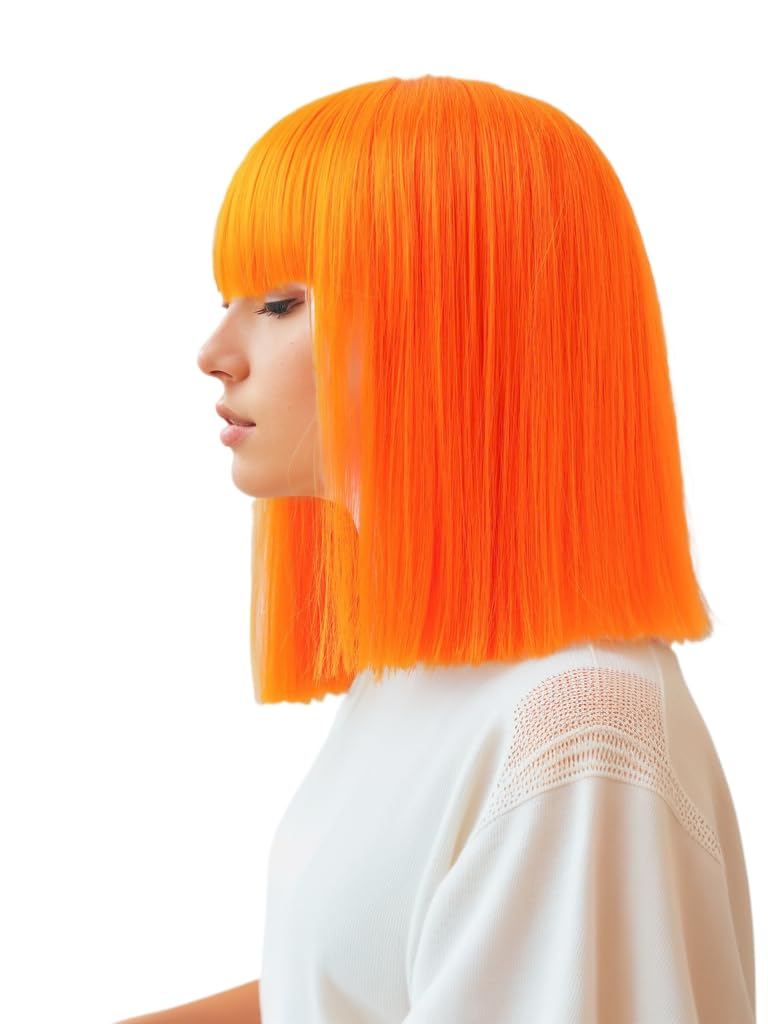 Prettyland Event Ladies Bob Straight Bangs Wig Medium Length Short Straight Heat Resistant Wig for Show Carnival Orange C1672