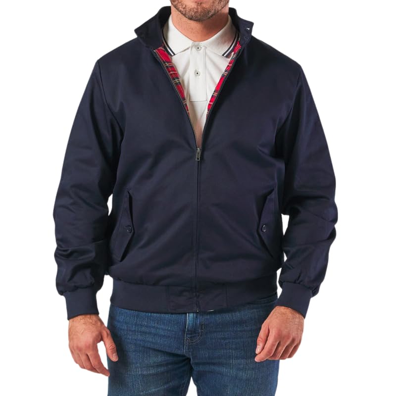 Mens Casual Jacket Classic Retro 70s Scooter Bomber Coat Tartan Lining Mod Vintage Style Lightweight Zip Up Top Windbreaker- Navy Blue X-Large
