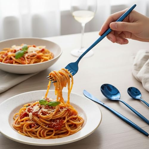 Image of 12 Pcs Blue Slim Handle Stainless Steel Cutlery Set for Dining Table with Spoons and Forks Set + Butterknives - The Perfect Tableware /Flatware