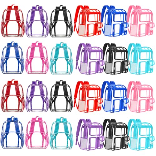 Amylove 24 Pack Clear Backpacks Bulk for School 17 Inch Heavy Duty PVC Clear Bookbags with Pockets for College Stadium Donation (Mixed Colors)