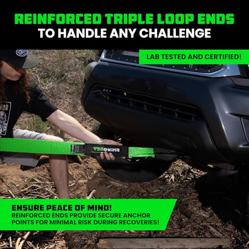Image of Rhino USA Recovery Tow Strap (3 inch x 20') - 31,518lb Break Strength - Emergency Recovery Strap Tow Rope for Truck, UTV, ATV & More - Heavy Duty Towing Strap for Offroad 4x4 Use - Compatible with Jeep
