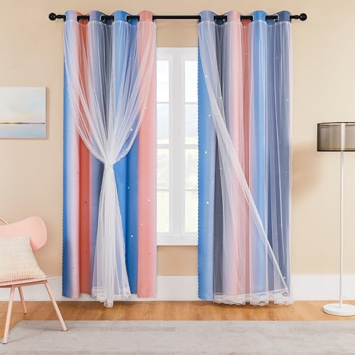 Image of XiDi Pink Grey Blue 54 Inches Curtains for Girls Bedroom 2 Panels Set, Blackout Rainbow Curtains for Kids Room Decor, Unicorn Wall Decals Drapes for Little Girl Nursery Room 52 Inches Wide