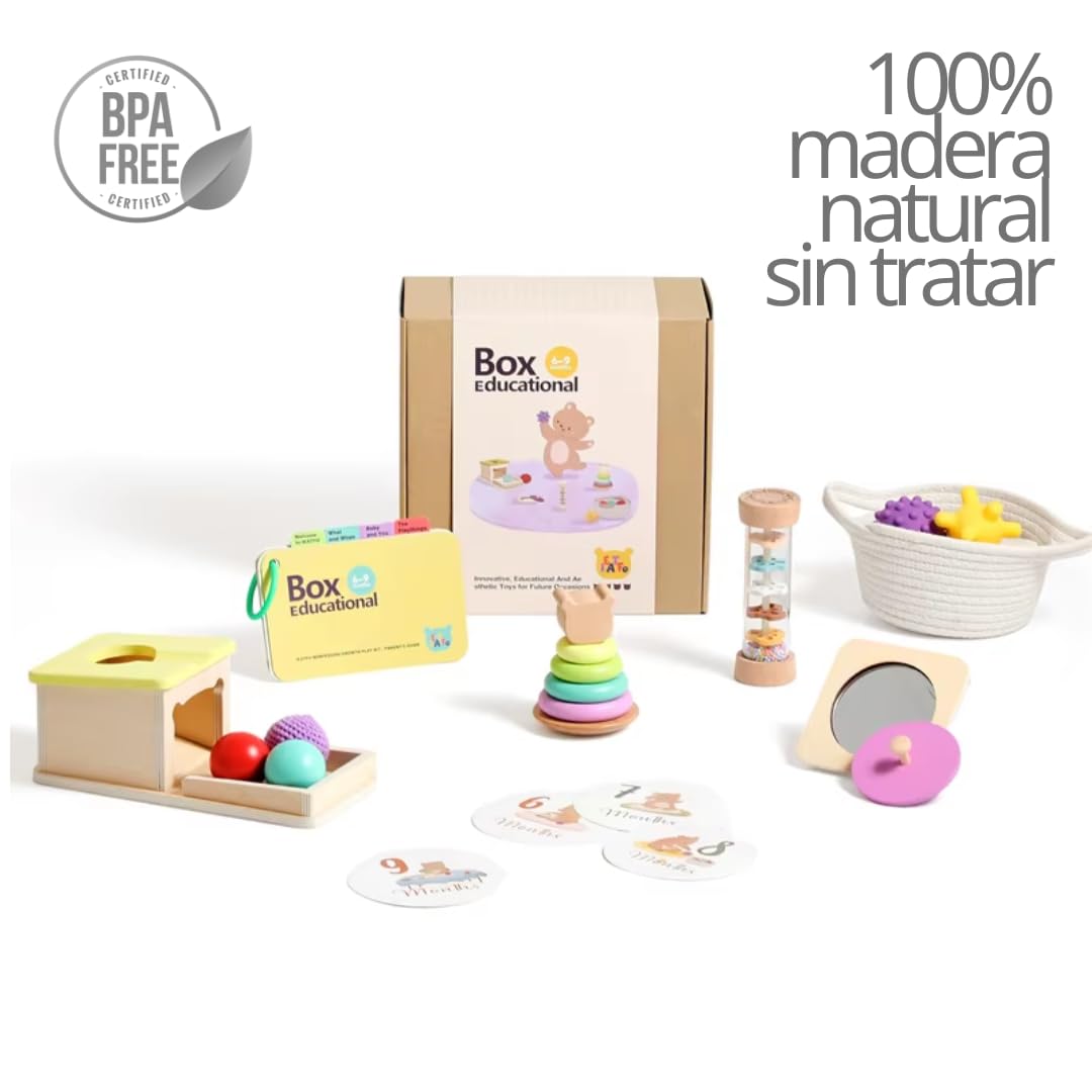 Set de Juguetes Montessori para Bebé de 6-12 Meses | Juegos Educativos y Sensoriales | Torre Apilable, Pelotas Texturizadas, Sonajero, Caja de Permanencia y Espejo | Idea de Regalo para Niños y Niñas