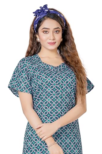 Image of PNAEONG Women's Printed Cotton Nighty, Gown Maxi - Free Size Blue