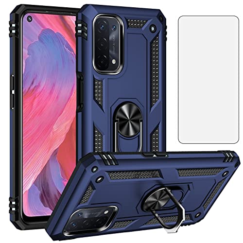Asuwish Phone Case for OPPO A74 5G/A54 5G with Tempered Glass Screen Protector Stand Ring Holder Hard Magnetic Hybrid Defender Cell Accessories Shockproof Kickstand A93 5G/A93S 5G Women Men Blue