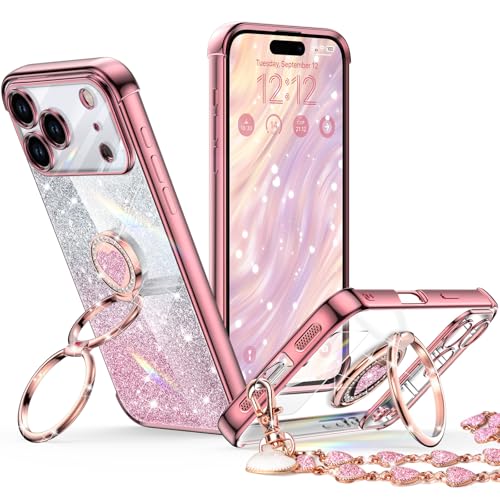XYZ for iPhone 17 Pro Max Back Cover Case with Stand, Phone Case with Double Ring Kickstand, Women Girls Bling Luxury Glitter Clear Phone Case Cover Heart for Apple 17 Pro Max, Rose Gold