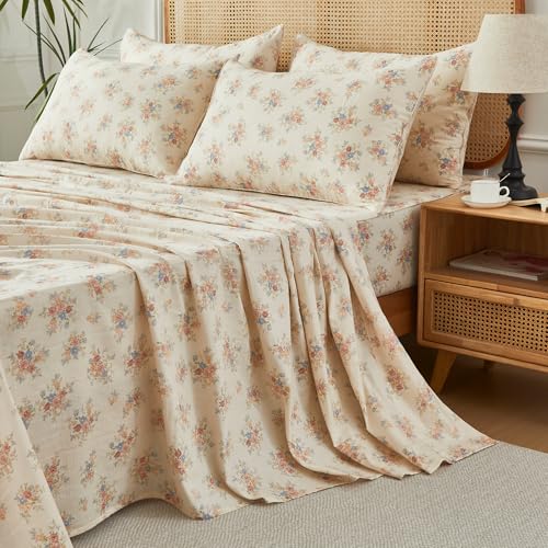 Image of FADFAY Twin Sheet Set - 4 Piece Floral Bed Sheets, Soft and Breathable Cotton Double Gauze, Includes 1 Fitted Sheet, 1 Flat Sheet and 2 Pillowcases (Cream)