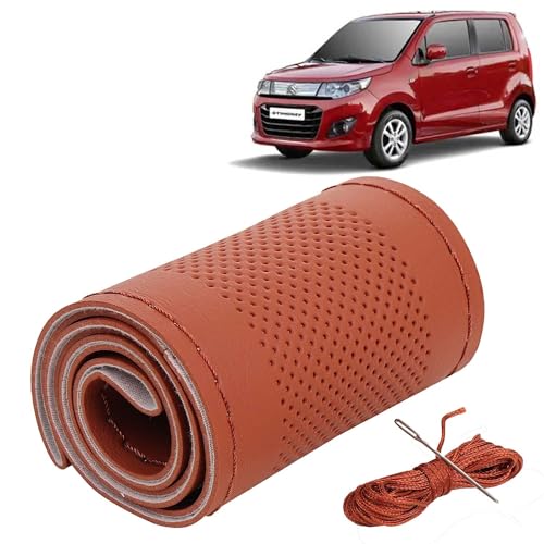 Image of KINGSWAY PU Leatherite Car Steering Cover Sewable Compatible with Maruti Suzuki Wagon R Stingray (Year 2014-2018), Tan Color with Tan Thread, Pack of 1 with Sewing Needle and Thread