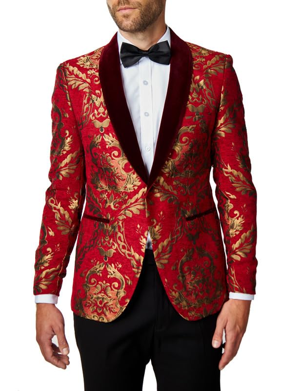 Xposed Stampa Paisley Broccato da Uomo su Giacca Jacquard Rosso Cremisi Blazer da Festa su Misura