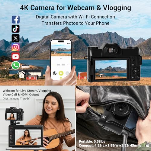 Image of SMARTKLIK Vlogging Camera, 4K 48MP Digital Vlogging Camera with 180 Flip Screen, 16X Digital Zoom, Wide Angle Lens, 2 Batteries & 64GB Micro SD Card (Black)