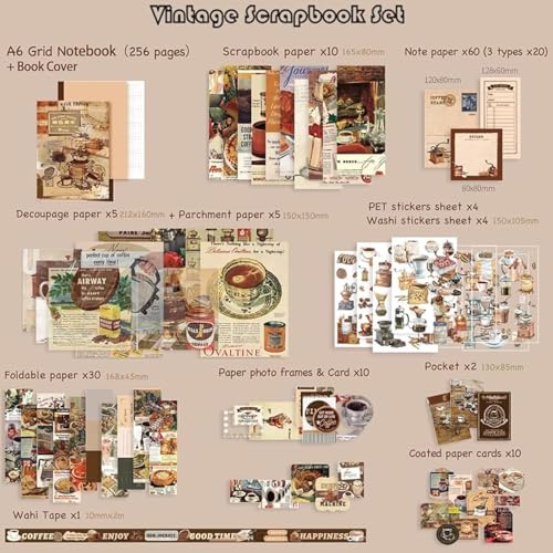 Image of VIBE VISTA Vintage Aesthetic Scrapbook Kit, 346 Pcs, A6 Grid Notebook, Washi , Envelopes, Folding Labels, Background Papers, Photo Frames, Calendar Stickers (Coffee Bazaar, Coffee)