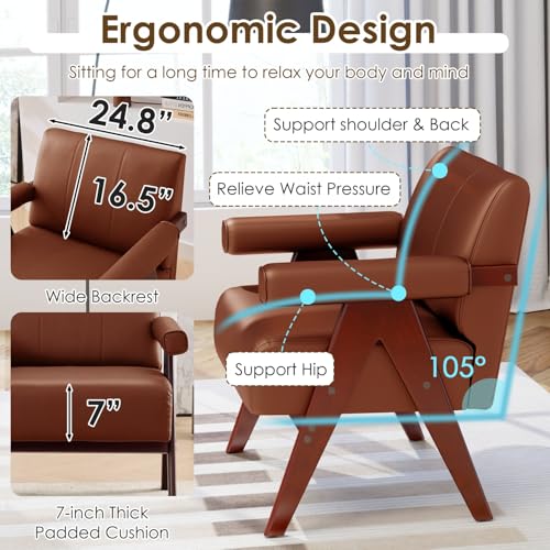 Image of STHOUYN Faux Leather Accent Chairs Set of 2, Wooden Arm Chairs (Brown) | STHOUYN, Mid Century Modern, Living Room, Office ,Waiting Room