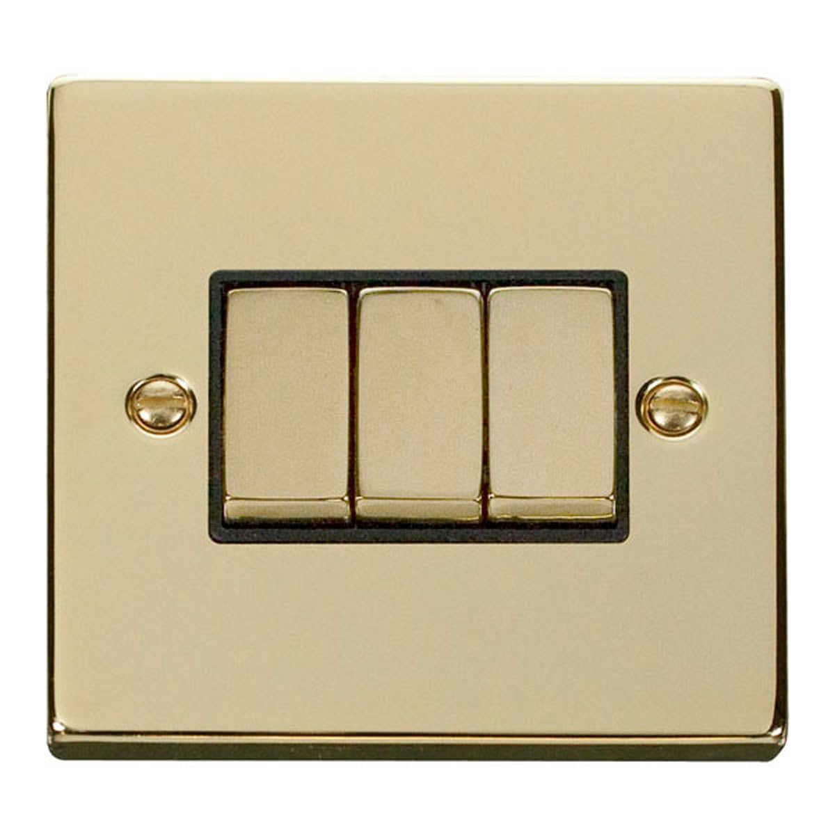 Polished Brass 10A 3 Gang 2 Way Ingot Light Switch - Black Insert