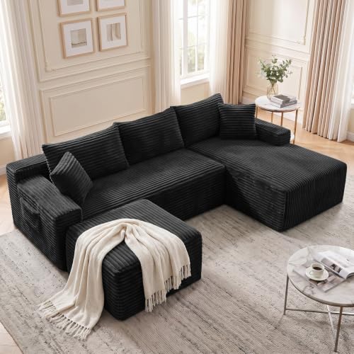 Image of Boneless Couch, U-Shape Corduroy Sectional Sofa, Black