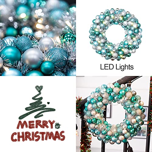 Amooca Christmas Ball Wreath With Led Lights 16In Front Door Window Decorative Hanging Ornaments Table Centerpiece Decor Holiday Party Home Decoration Blue Silver #TOP3