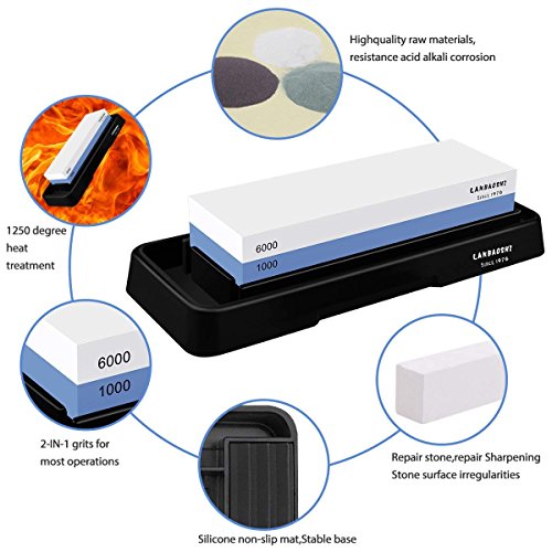 Knife Sharpening Stone Set,Whetstone Dual Sided 1000/6000 Grit Waterstone with Angle Guide Non Slip Rubber Base Holder, Knife Sharpeners Tool Kit for Kitchen Hunting (Blue + black) image 4