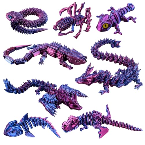 JFTNAKY 8PCS 3D Printed Animals 3D Printed Joint Articulated Fidget Toys Animal Collectable for Desk Home and Office Decor for Animal Lovers (Purple Blue Green)