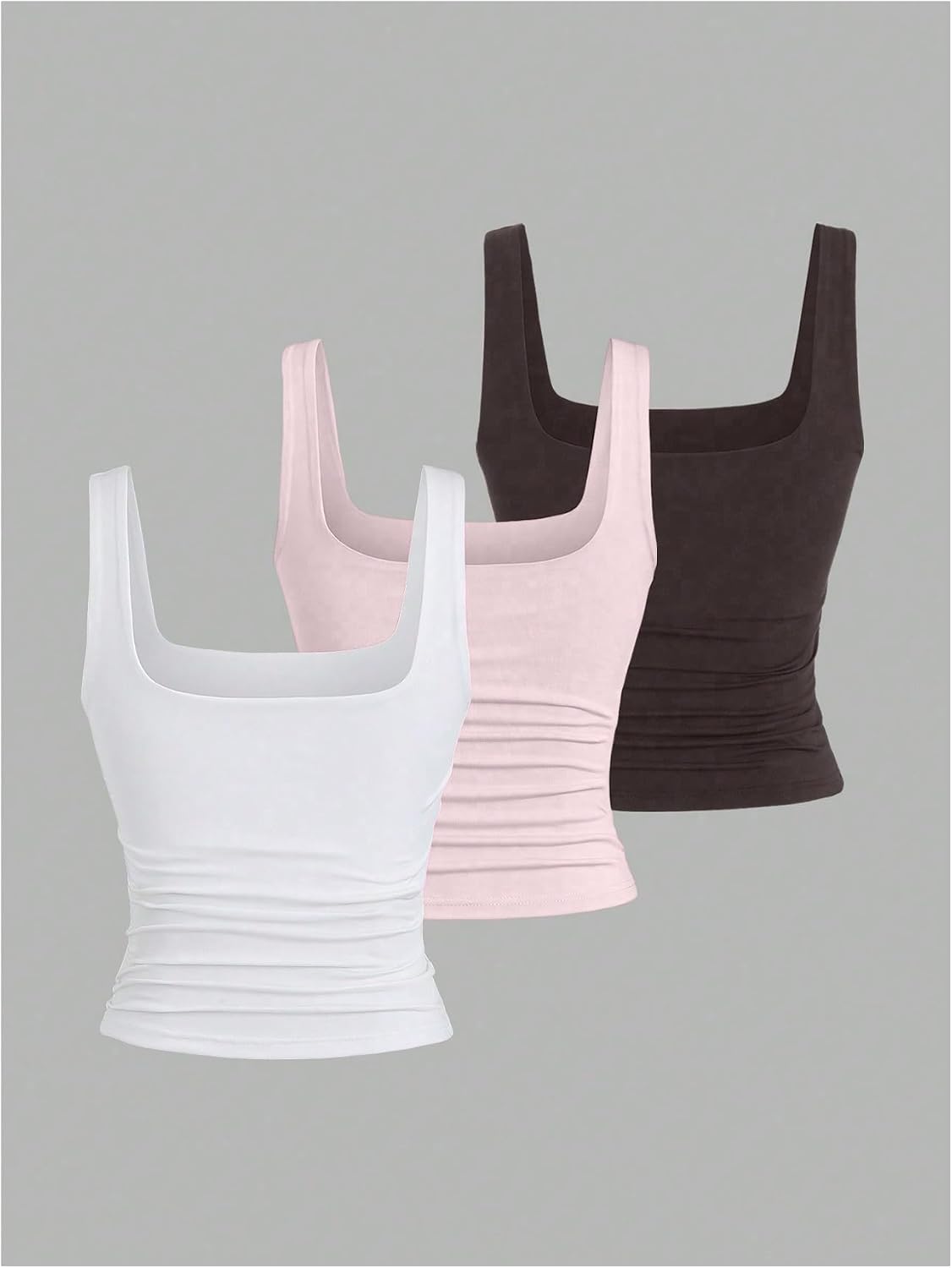 BEAUDRM Women's Y2k Double Lined 3 Piece Crop Tank Top Sets Square Neck Sleeveless Ruched Tee Shirt Basic Tops Pack