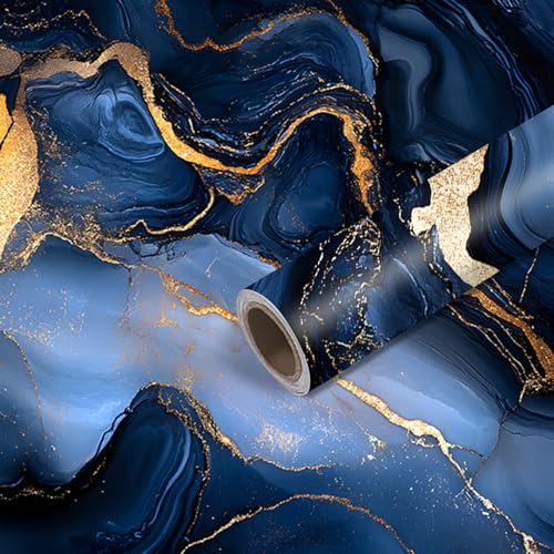 Image of Nuxovilar Navy Gold Marble Vein Wallpaper Peel Stick Vinyl 15.75x39.37