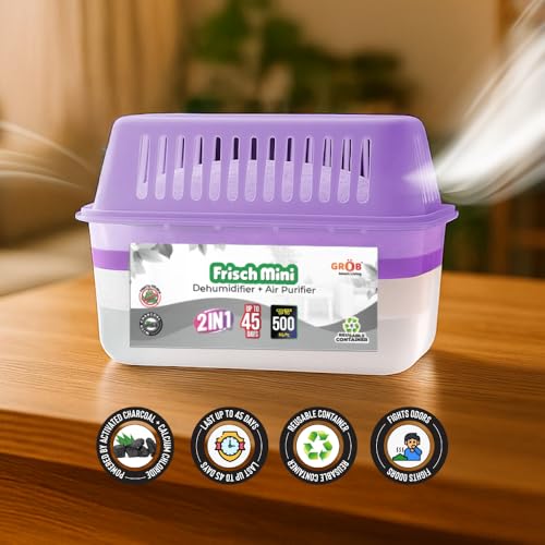 Image of Grob Frisch Mini Moisture Absorber Dehumidifier | Value Pack of 2 (750ml Each) | Dehumidifier for Wardrobe, Closet & Cupboard | Controls Dampness, Mould, Fungus & Odour (Purple)