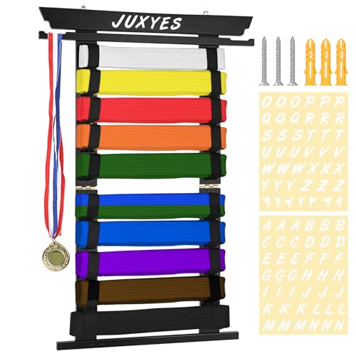 JUXYES Wall Hanging Martial Arts Belts Organizer for 10 Belts with Medal Hanger and Stickers, Bamboo Karate Belt Display Holder Rack, Taekwondo Belt Display Holder for Martial Arts Learners