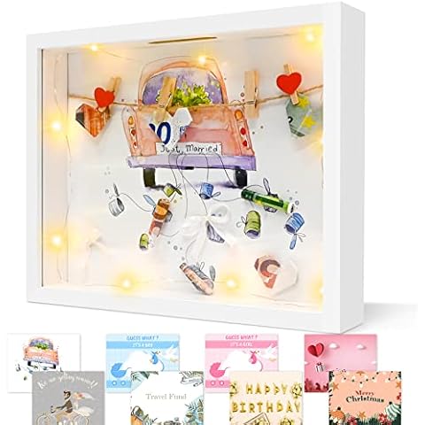 Ulikey 8 in 1 3D Bilderrahmen zum Befüllen, Bilderrahmen Spardose Personalisiert, Tiefer Rahmen mit Licht und Plexiglas, 3D Objektrahmen für Hochzeit Taufen Reisen Geburtstag, Geldgeschenk Hochzeit Cover