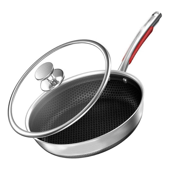 TONSYL 12 inch Wok Pan,Stainless Steel Stir-Fry Wok, Non Stick Honeycomb Skillet with Handle and Glass Lid Pancake Omelet Pan Multi-Functional Dishwasher and Oven Safe