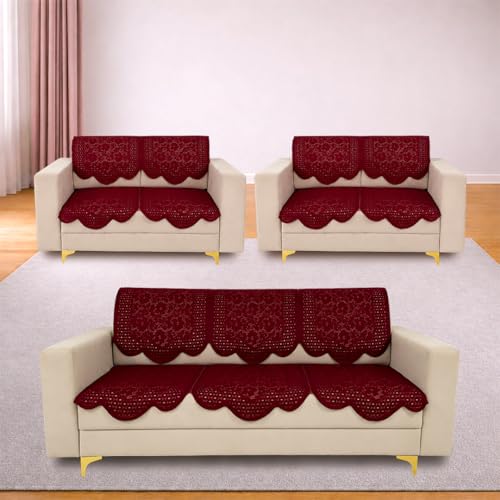 Image of Homerz Premium 'Surya Series' Sofa Cover | Stylish Sofa Protector | Net Fabric | Anti-Stain & Washable Slip Cover Exact Size Antislip (Flower Valley Maroon, 7 (3+2+2) Seater, Seat Cover with Backrest)