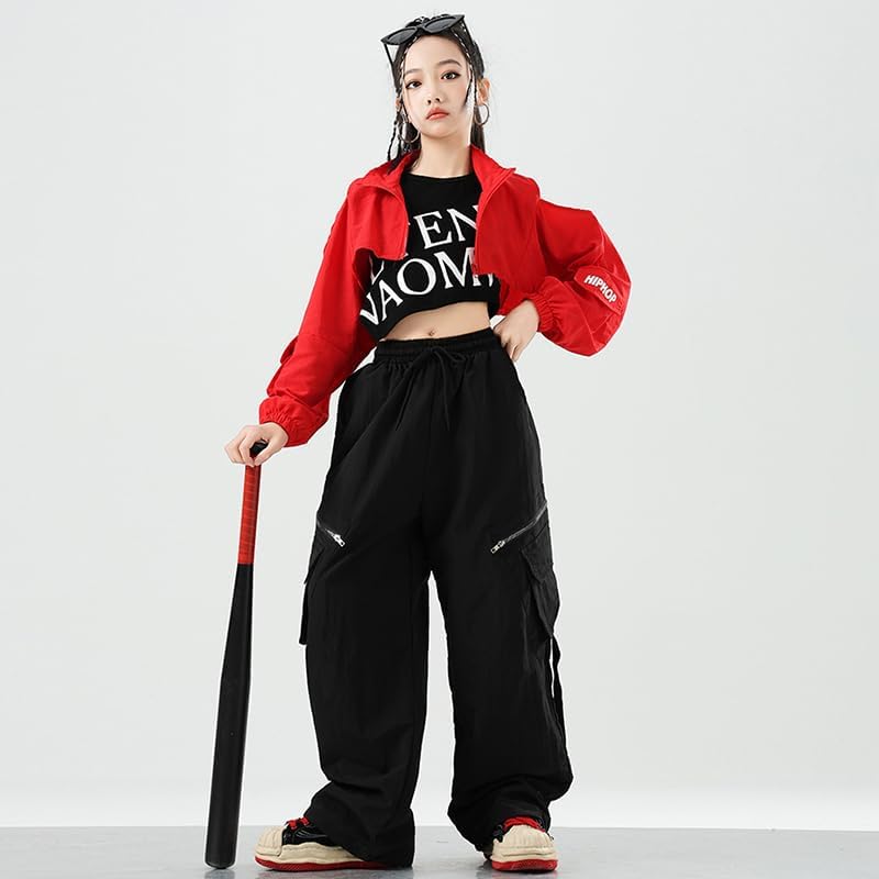 [WJ-SISI] キッズ ダンス 衣装 セットアップ 女の子 へそ出し 長袖 パーカー タンクトップ カーゴパンツ 3点セット レ