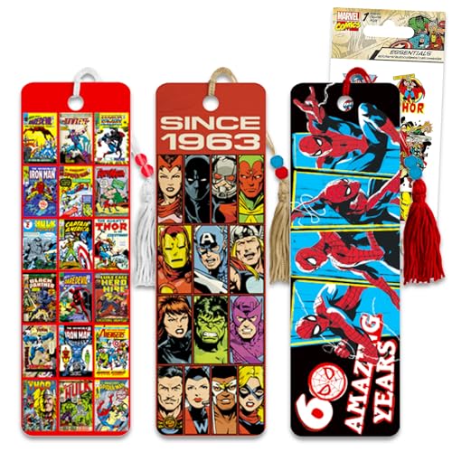 Retro Marvel Bookmark Set - Bundle with 3 Bookmarks Featuring Spiderman and Avengers Plus Stickers | Marvel Comic Book School Supplies for Boys, Kids, Teens, Adults