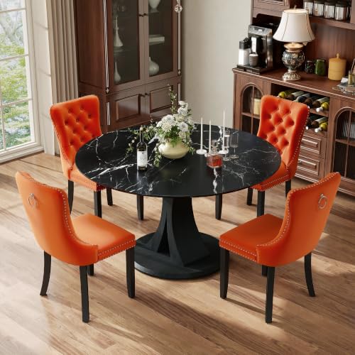 Image of 5-Piece Dining Table Set for 4 with 47 In Black Faux Marble Round Table | Circle Dining Room Table with 4 Velvet Upholstered Chairs, Modern Scandinavian Furniture for Dining Room Kitchen (Orange)