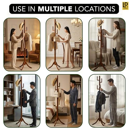 Image of LEOPAX Premium Bamboo Floor Standing Coat Rack with 6 Hooks | Heavy Stable Base Coat Stand for Jackets, Bags, Hats & Scarves | Dark Brown (170 x 50 x 50 cm)
