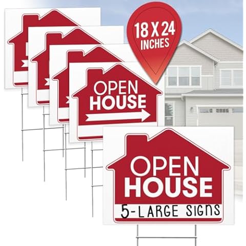 Open House Real Estate Signs – 18x24 Inches 5 Pack Set - Double Sided Red Property Yard Sign Bulk Pack - Includes 5 Heavy Duty Rust Free H Wire Stakes - Large Directional Arrows Realtor Agent Supplies Cover