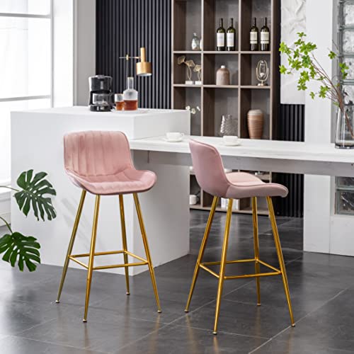 Image of Sidanli 29 Inch Bar Stools Set of 2, Pink Barstools with Back and Gold Plated Legs, Upholstered Barstools for Bar, Living Room, Kitchen Island, Farmhouse