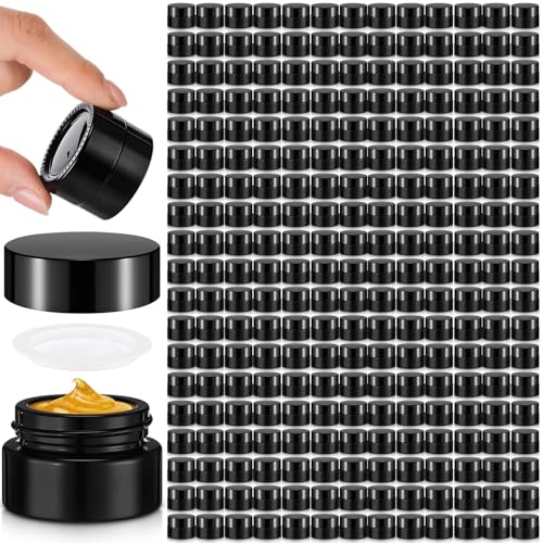 Norme Black 240 Pack Bulk 5ml Glass Jars Leakproof Inner Liners & Lids 5 Gram Refillable Cosmetic Sample Lip Balm Container 5g UV Protection Travel Empty Jar for Skincare (Classic Lid)