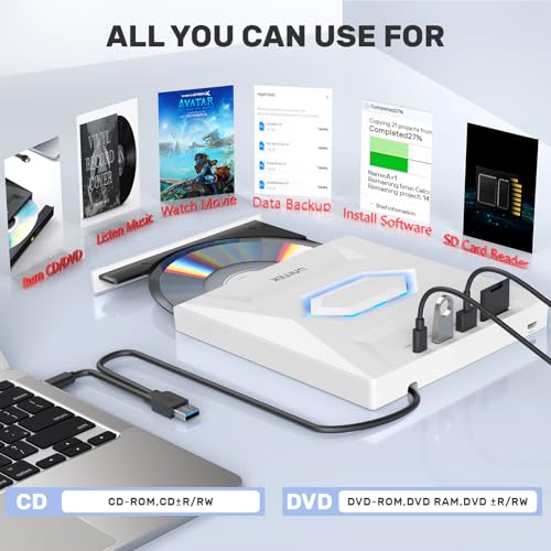 Image of Unitek External CD /DVD Drive USB C Portable DVD Player with SD Card Slots 3 USB Ports CD ROM Burner External Disk Drive Optical Compatible with Laptop Desktop Mac Windows 11 /10 /8 /7 Linux