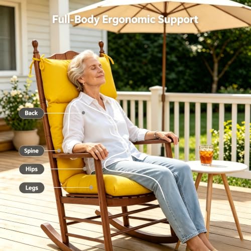 Image of QILLOWAY Outdoor Rocking Chair Cushions Set of 2, 100% Polyester Waterproof Patio Rocking Chair Cushion, High Back Weatherproof Chair Pad for Adirondack & Outdoor Furniture, Yellow