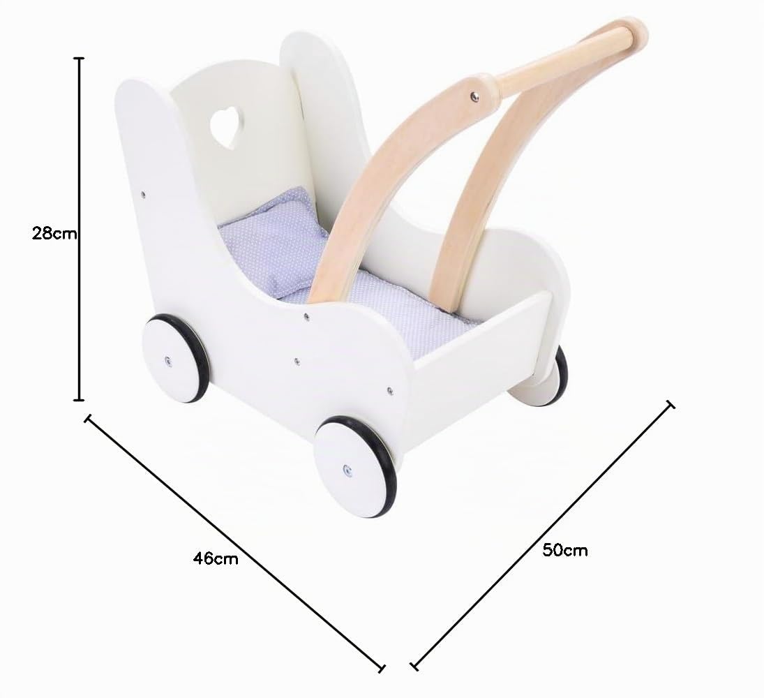 Engelhart - 606014 - Landau en Bois pour Poupées - Gris et Blanc - Jouet en Bois - Jeux de Rôle - Dimensions : 50 x 28 x 46 cm - Développement de l'Imagination - À partir de 3 Ans