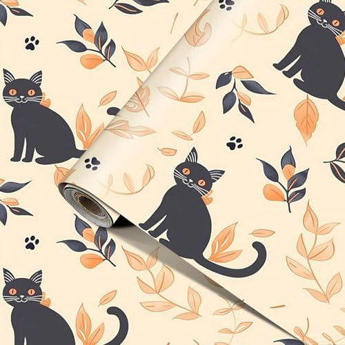 HOMETITUTE Fall Black Cat Wallpaper Peel and Stick Vinyl Self-Adhesive Removable Contact Paper Cute Halloween Cat and Autumn Leaves Design for Walls Cabinets Countertops Home Decor 15.7x39.4